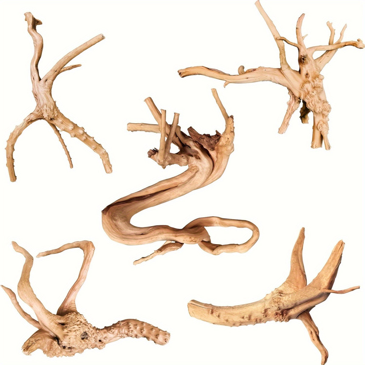 Aquarium Driftwood 5-Piece Assorted Branch Set, Natural Wood Decor for Fish Tank Aquascaping, Shrimp Habitat Layouts and Reptile Enclosures