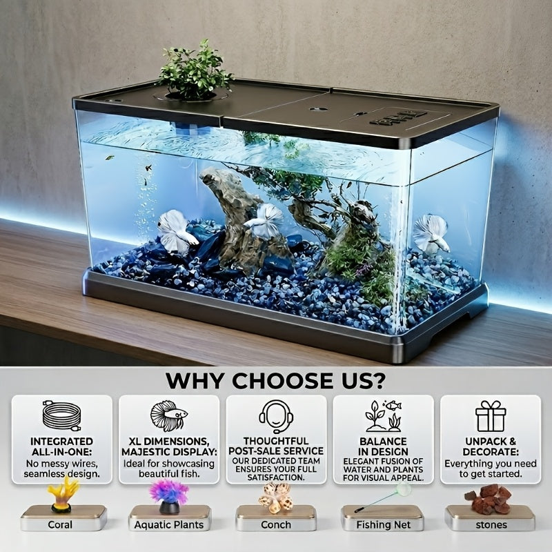Rectangular Fish Tank with Lid and Plant Opening, Clear Aquarium Display in Large or M Model for Home, Office and Classroom Aquatic Decor