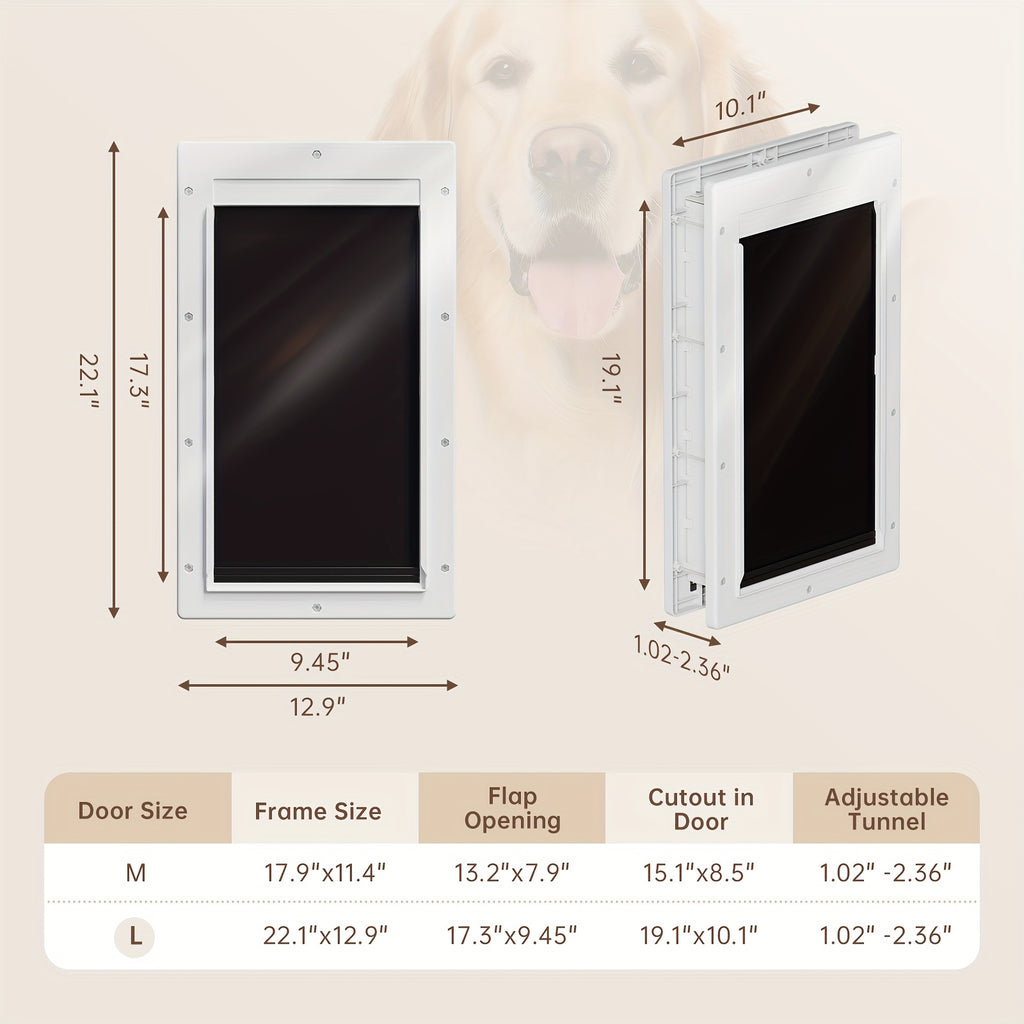 3-Flap Dog Door with Insulation Layer and Two Magnetic Flaps, Reinforced Polymer Pet Entry with Closing Panel in Medium or Large, Black or White