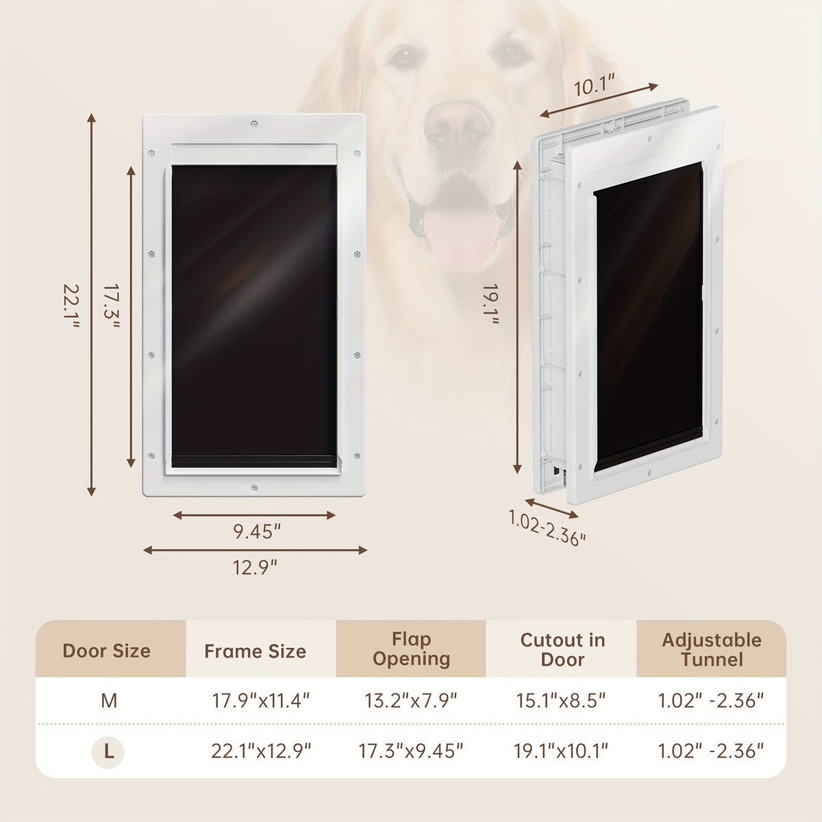 3-Flap Dog Door with Insulation Layer and Two Magnetic Flaps, Reinforced Polymer Pet Entry with Closing Panel in Medium or Large, Black or White