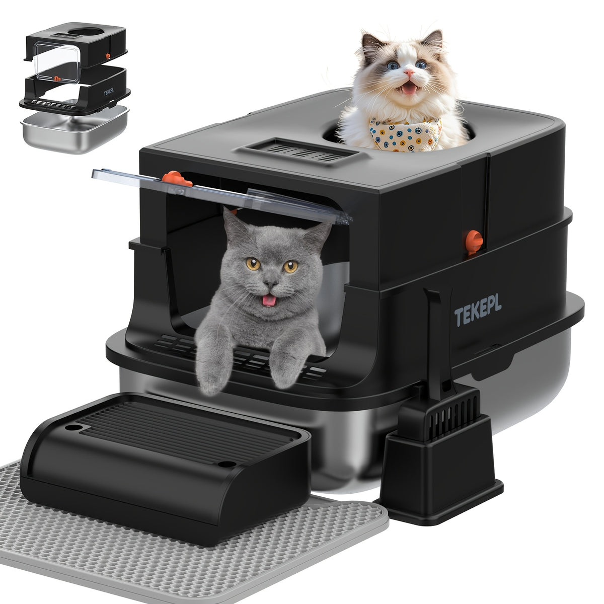 Modular Stainless Steel Cat Litter Box with Lid, Extra Large High-Sided Enclosed or Semi-Open Cat Toilet with Step, Mat and Scoop