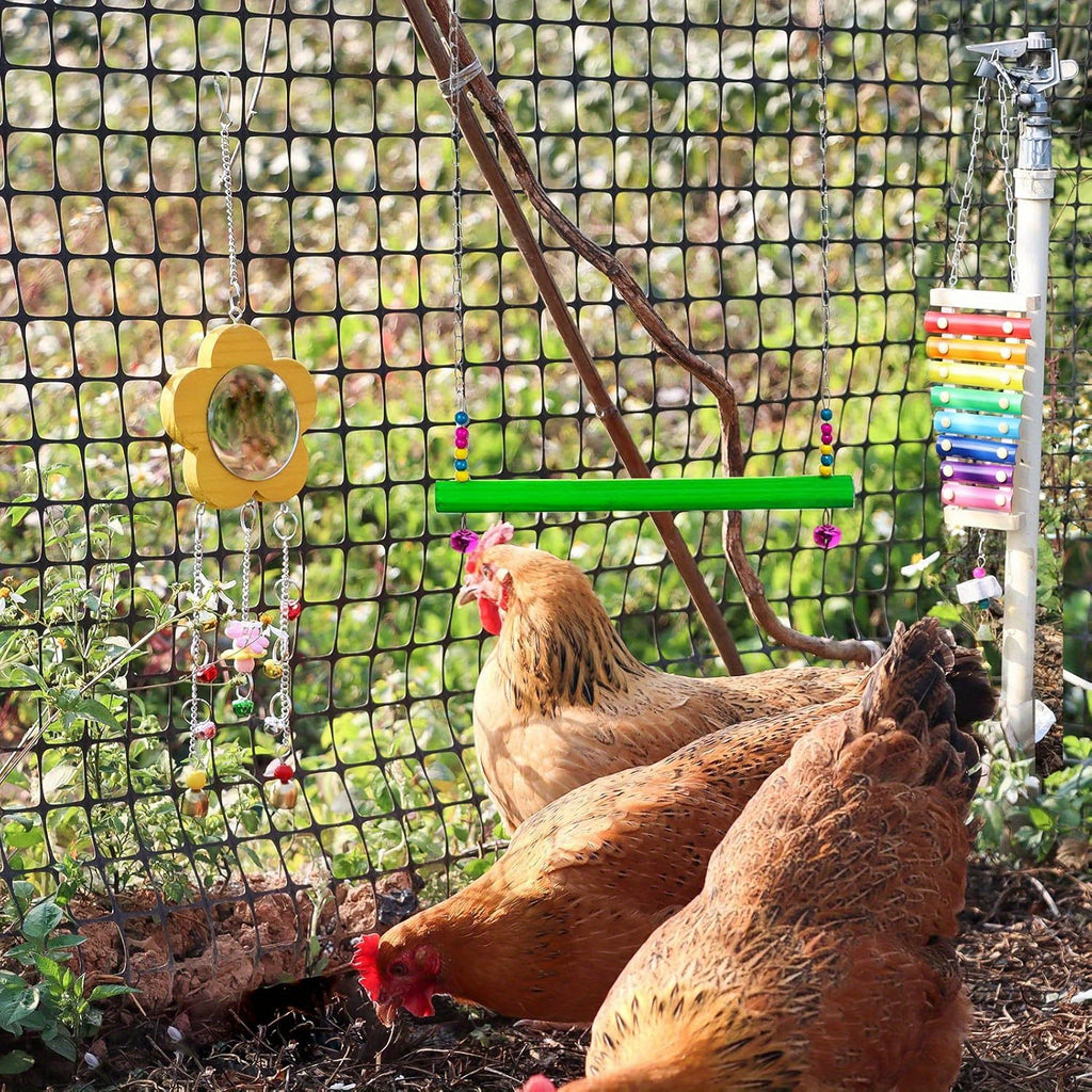Chicken Enrichment Toys with Xylophone, Mirror, Ladder Bridge and Swing, 5 or 9 Piece Hanging Coop Accessory Sets for Backyard Hens and Poultry Play