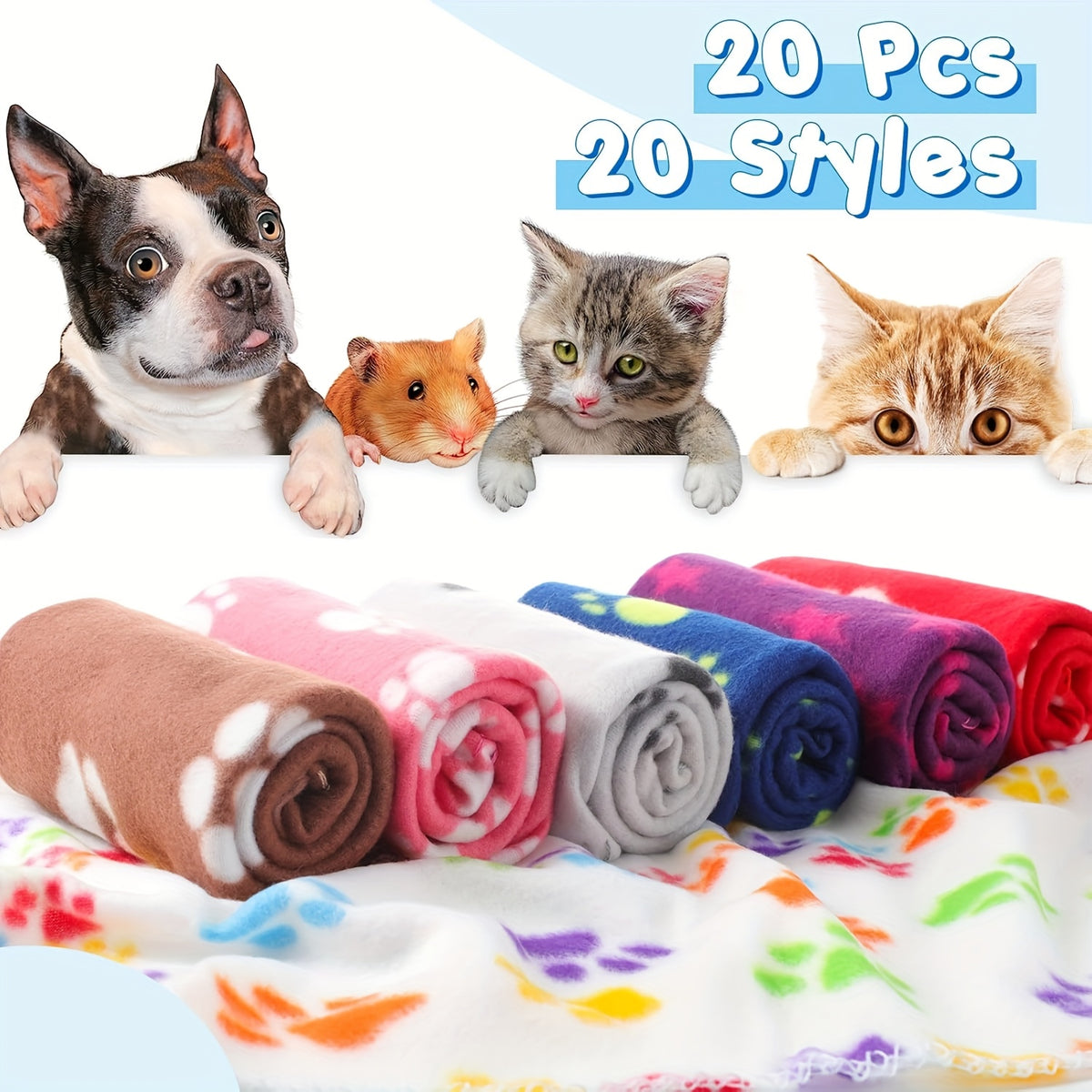 Dog and Cat Fleece Blankets 20 Pack, Soft Paw Print Pet Throws 23.6 x 27.6 Inches, Hand Washable Bedding Layers for Crates and Resting Areas