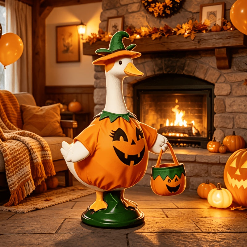 Porch Goose Pumpkin Costume for 23-Inch Decorative Goose, 3-Piece Halloween Outfit with Hat and Pumpkin Tote Bag for Fall Entryway Decor