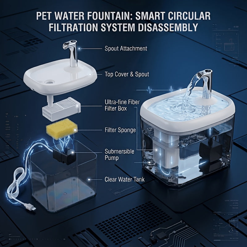 Filtered Cat Water Fountain, Ultra-Quiet USB Powered Pet Drinking Dispenser with Multi-Stage Filtration, Easy-Clean Design for Home & Travel