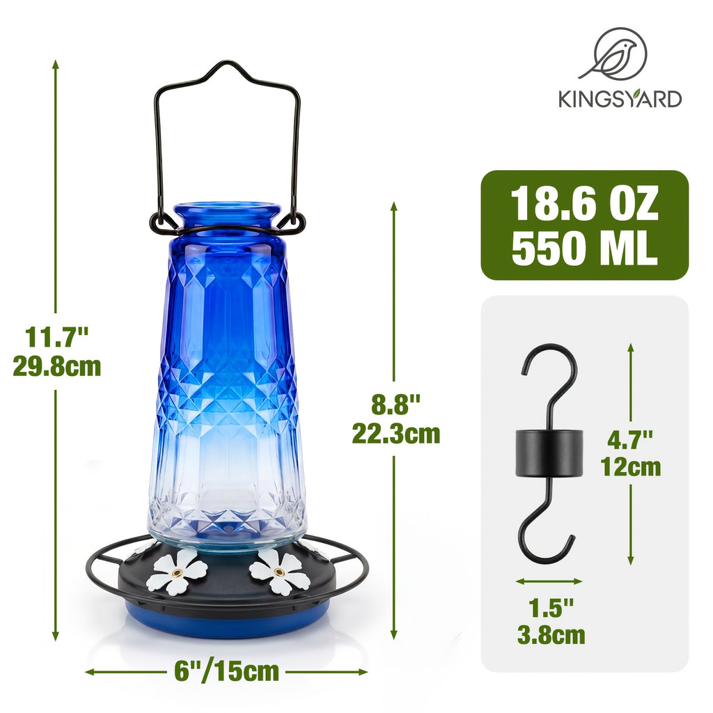 Glass Hummingbird Feeder 24oz by Kingsyard, Outdoor Hanging Nectar Feeder with 6 Feeding Ports and Ant Moat, Four Colors in Single or Two-Pack Options
