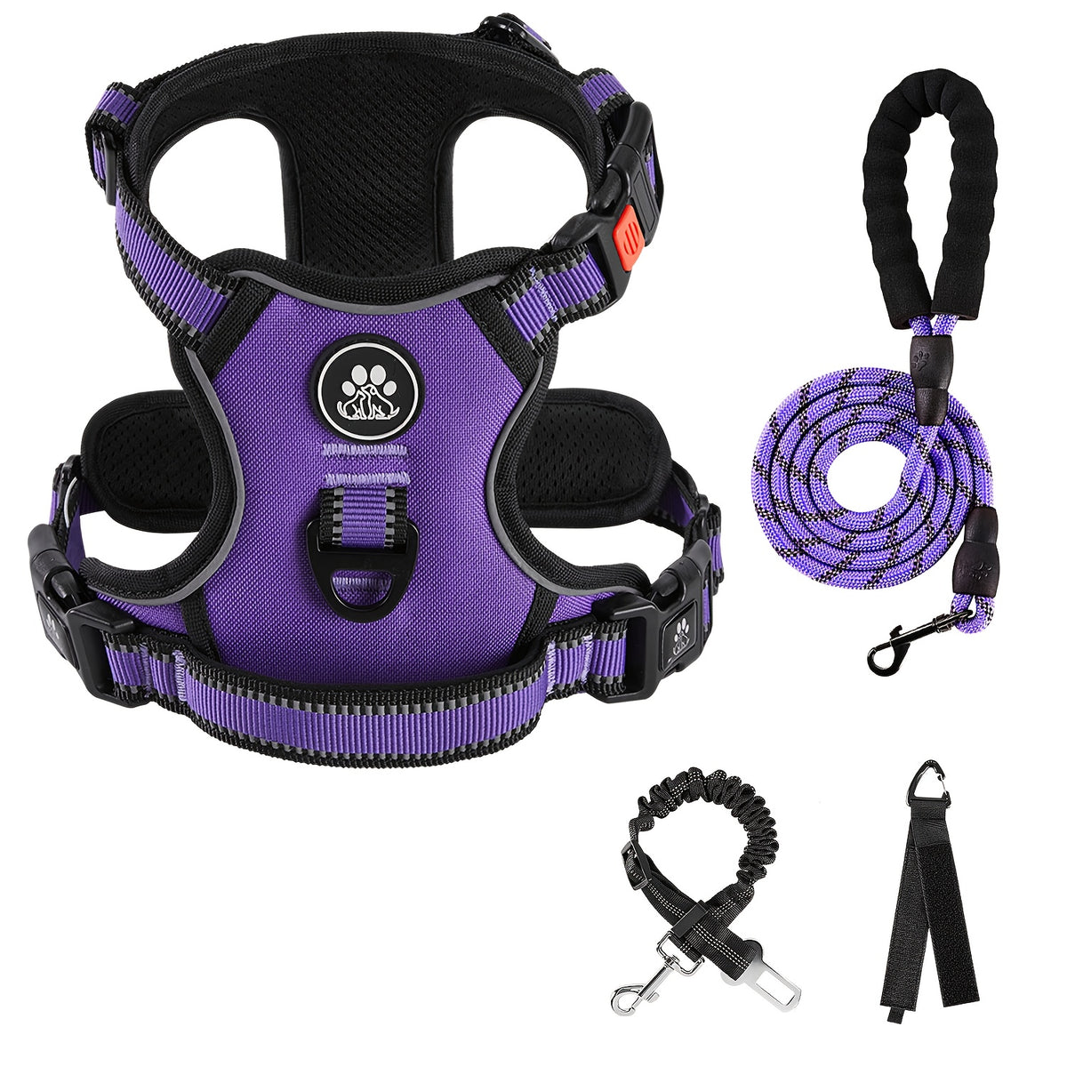 No Pull Dog Harness Set with Three-Buckle Open-Neck Design, Reflective Adjustable Vest, Padded Handle, Leash and Seat Belt, XS-XL