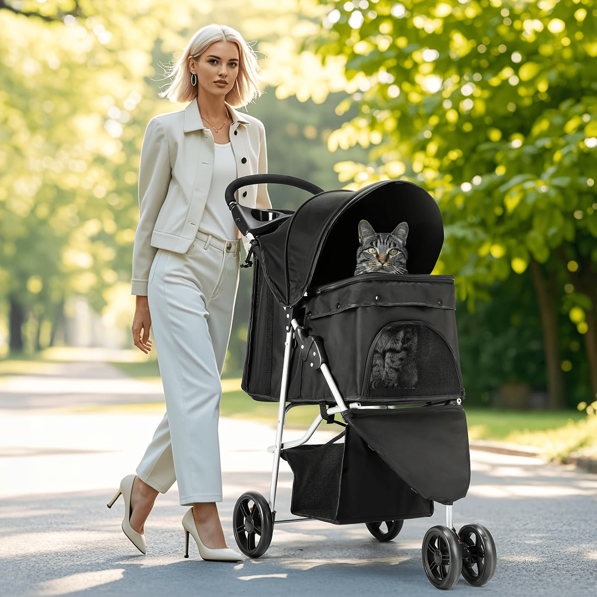 Pet Stroller with Swivel Front Wheel, Three-Wheel Foldable Dog and Cat Pushchair with Mesh Canopy, Storage Basket, Cup Holder and Weather Cover