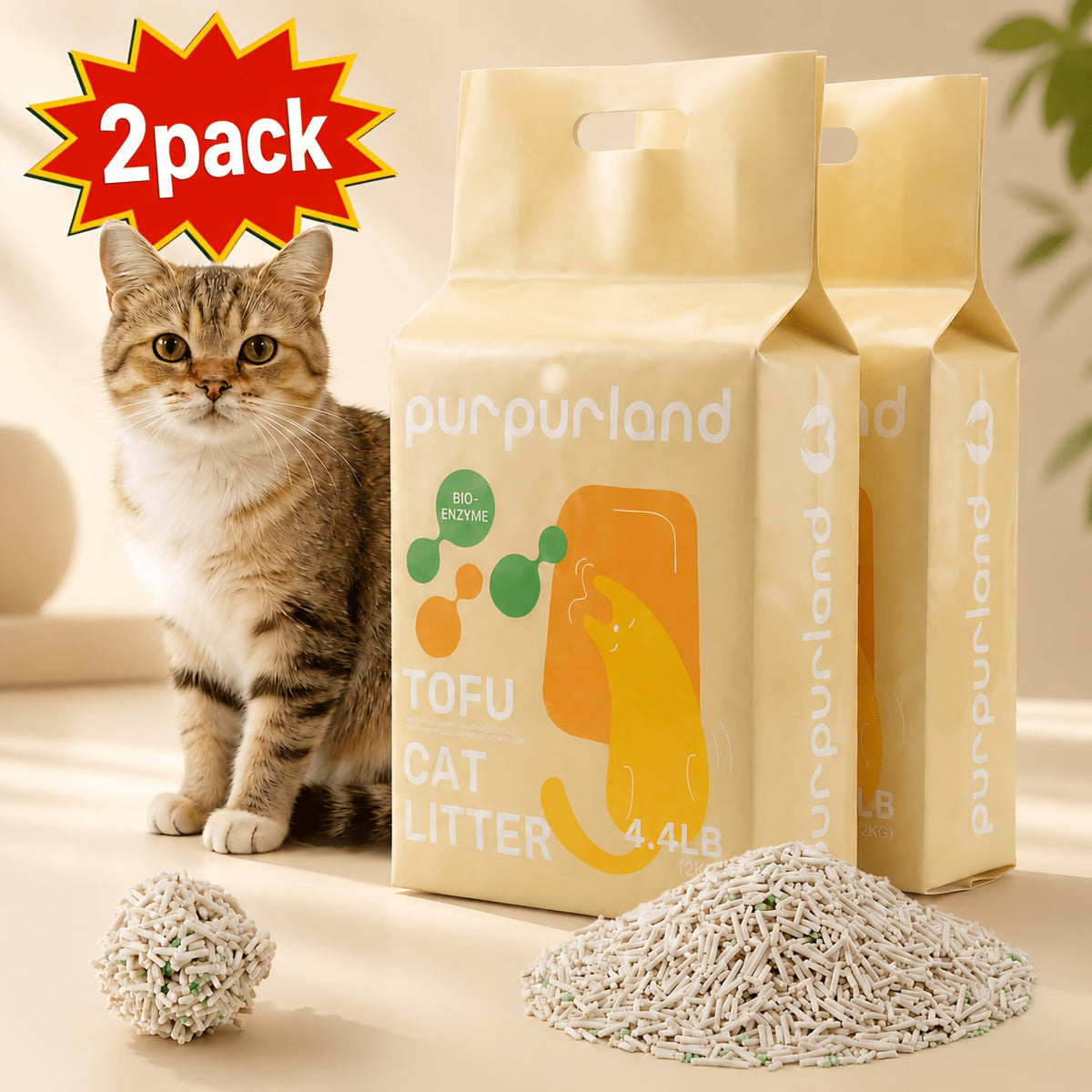 Unscented Tofu Cat Litter with Corn Starch Blend, Quick-Clumping Low-Tracking Pellets for Multi-Cat Homes, 8.8 lb 2-Pack or 17.6 lb 4-Pack