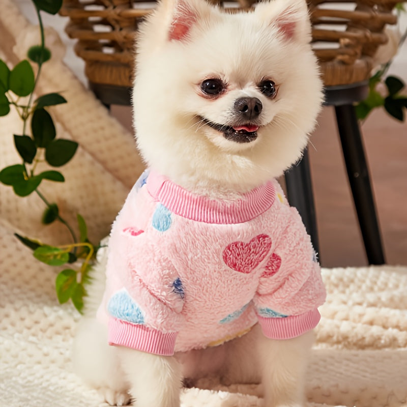 Dog Sweatshirt for Small Medium Dogs, Pink Heart Fleece Puppy Sweater Without Hood, Warm Soft Pet Clothes for Autumn Winter Cold Weather, Cute Valentine's Day Outfit for Chihuahua Poodle and Cats