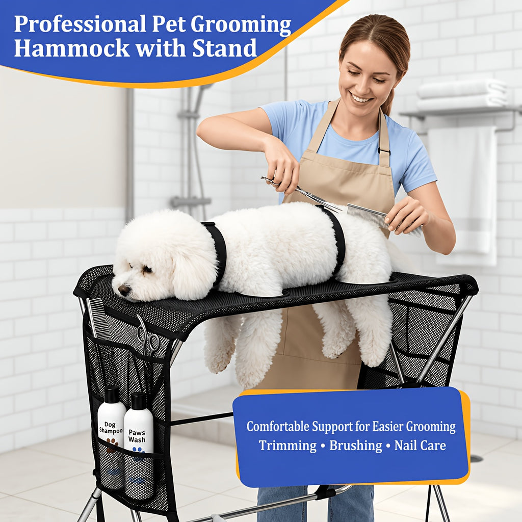 Pet Grooming Hammock with Stand for Nail Trimming, Foldable Mesh Support Bed for Cats and Dogs, Bathing and At-Home Paw Care