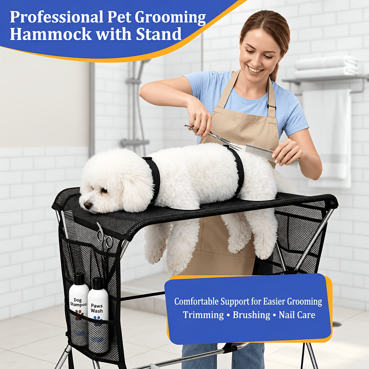 Pet Grooming Hammock with Stand for Nail Trimming, Foldable Mesh Support Bed for Cats and Dogs, Bathing and At-Home Paw Care