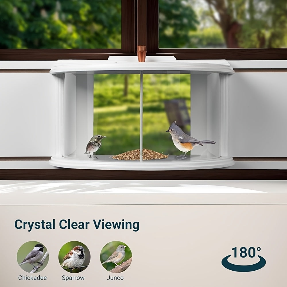 Panoramic Window Bird Feeder with 180-Degree Clear View, Recessed Feeding Tray and Lawn Deck in White for Bird Watching from Inside Your Home