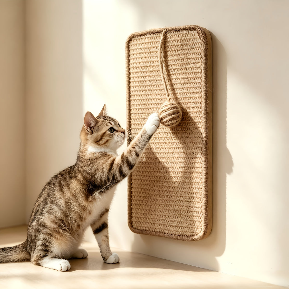 Sisal Cat Scratcher Pads with Hanging Ball, 2-Pack Self-Adhesive Scratching Surfaces for Indoor Cats, Sofa Corners and TV Cabinet Areas
