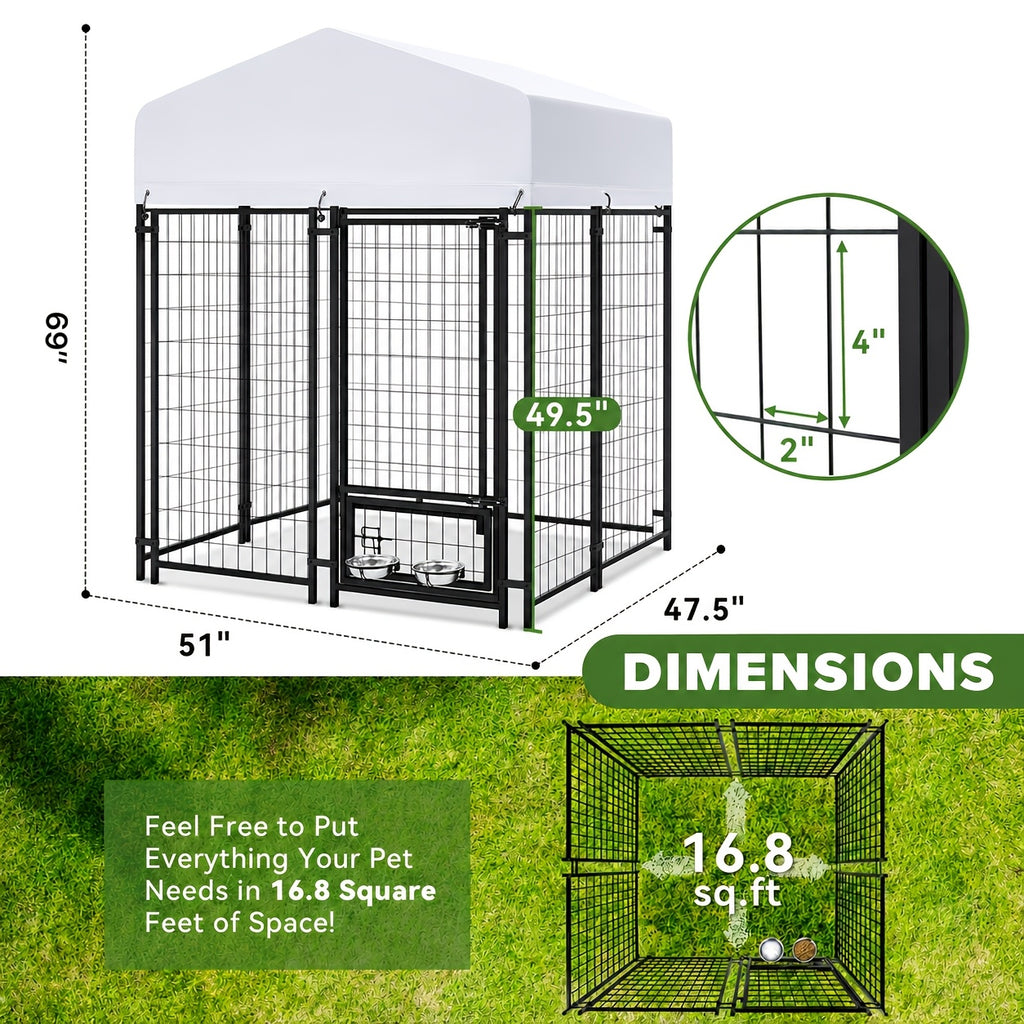 Covered Outdoor Dog Kennel with 2 Rotating Bowls, Welded Steel Wire Dog Pen with Lockable Gate, 69-Inch Height and Two Length Options