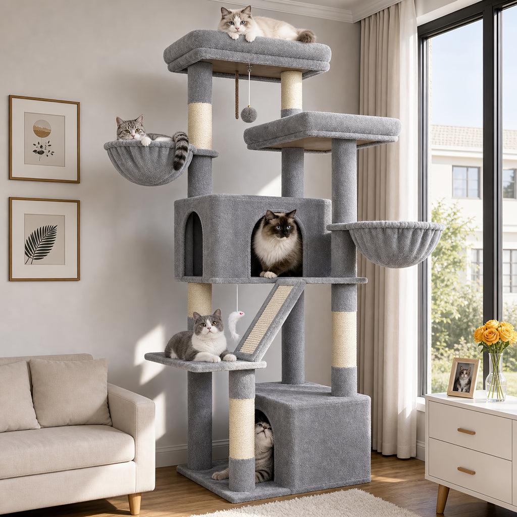 Large Cat Tree with Hammock, 69 Inch Indoor Cat Tower with Spacious Platform, 5 Scratching Posts and Sisal Scratching Board for Adult Cats