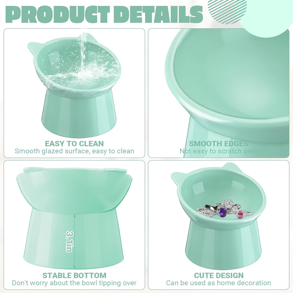 Raised Cat Bowls 3-Piece Color Set, Cat-Ear Shaped Elevated Pet Feeding Dishes with Anti-Slip Base in Blue, Pink and Green for Everyday Meals