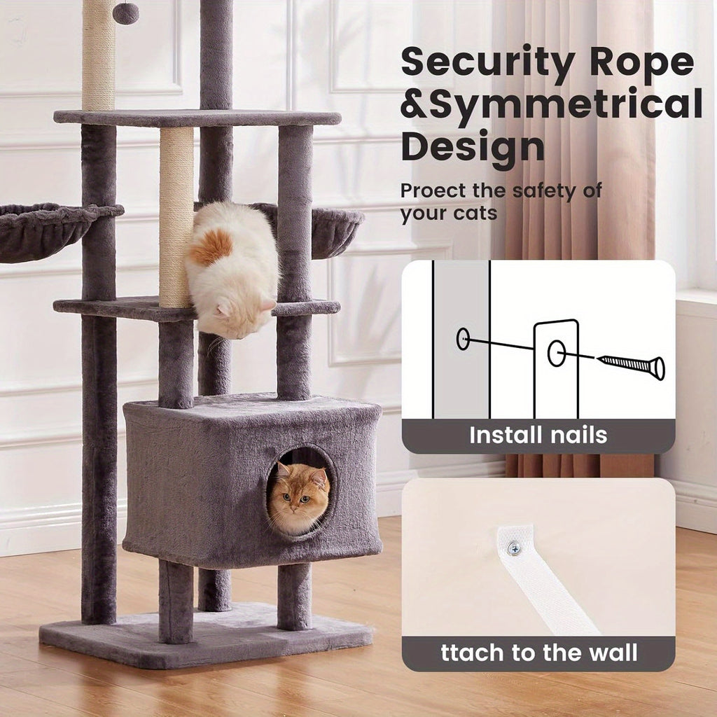 Cat Tree with Dual Hammocks, 65 Inch Six-Level Indoor Cat Tower with Natural Sisal Scratching Posts, Condo and Washable Top Perch