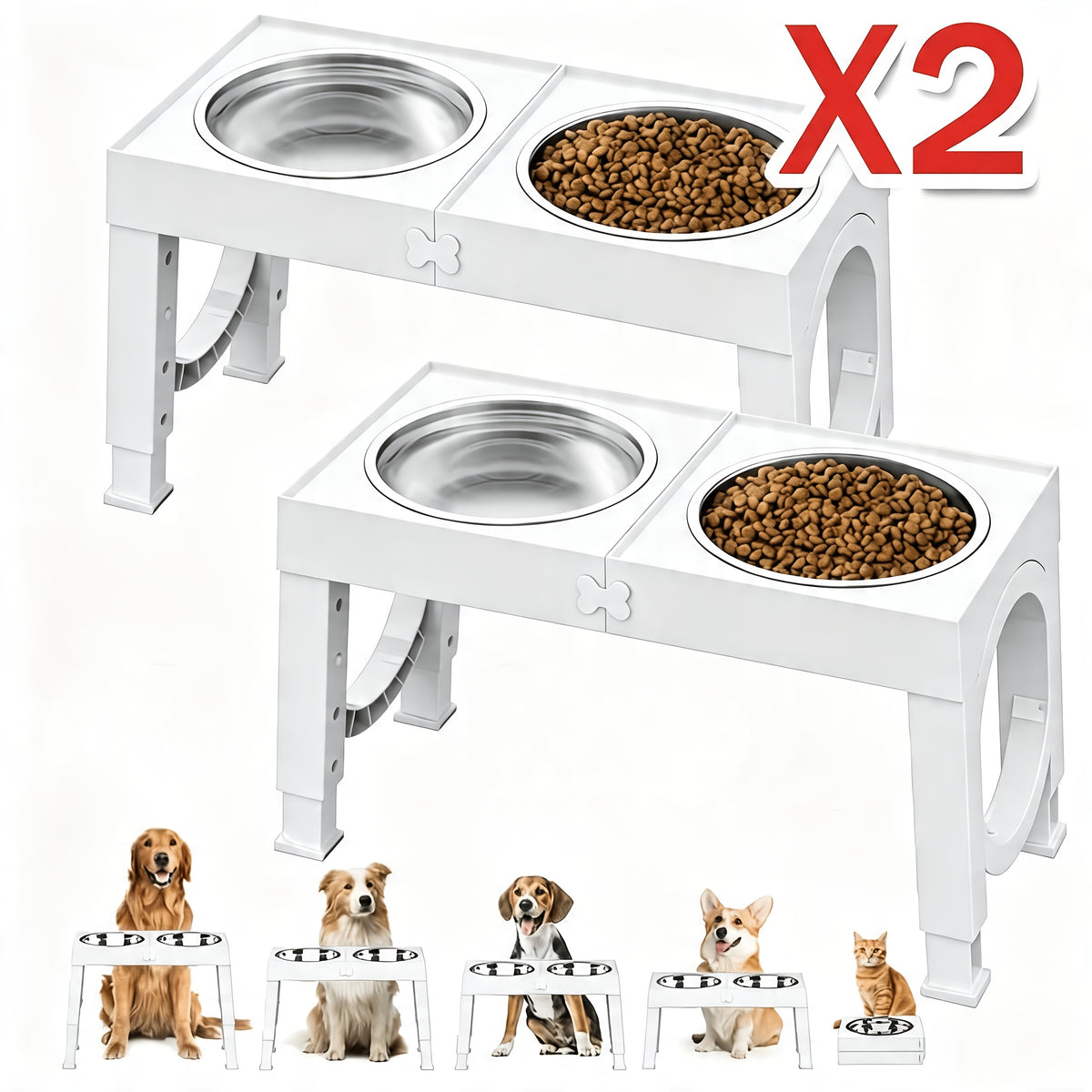 Elevated Dog Bowls Feeding Station with 9, 11, 12 and 14 Inch Adjustable Heights, Raised Food and Water Stand for Medium and Large Dogs