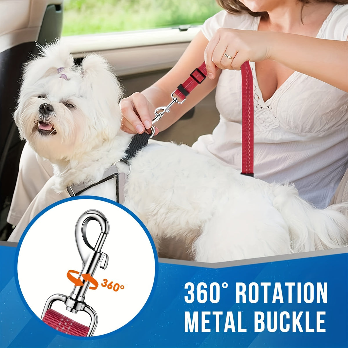 Dual Dog Car Seat Belt with Adjustable Headrest Loop, Two Bungee Tether Straps and Metal Clips for Two-Dog Travel in Red, Rose Red or Black