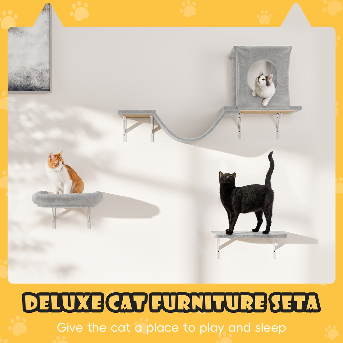 Cat Wall Furniture 7-Piece Set with House, Bridge, Hammock and Scratching Board, Wall-Mounted Climbing Shelves for Indoor Cats in Black or Grey
