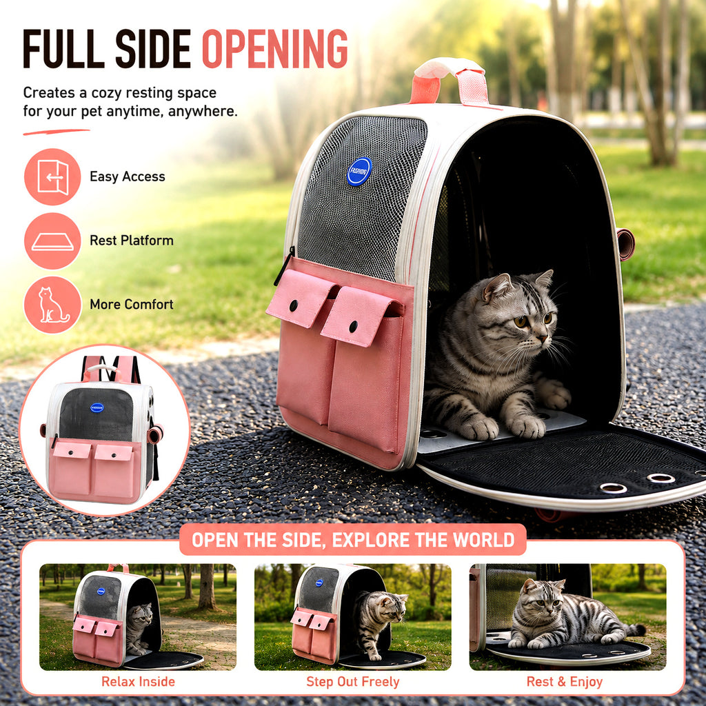 Front Opening Pet Carrier Backpack for Cats, Small Dogs and Puppies, Breathable Foldable Travel Bag with Safety Hook and Storage Pockets