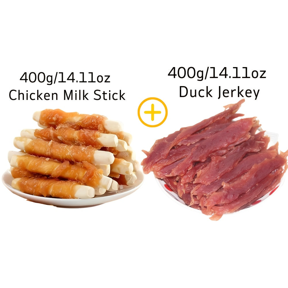 Dog Chew Treats Duo Packs, Chicken and Duck Jerky with Beef Chew Stick Options for Supervised Training Rewards, Everyday Snacks and Dog Gift Baskets