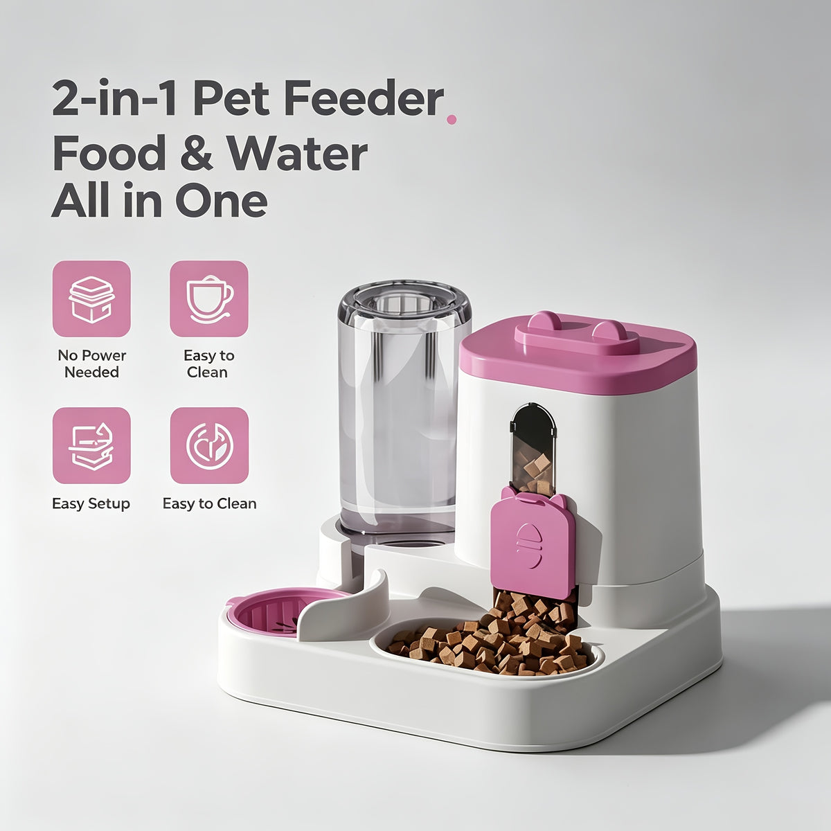Non-Electric 2-in-1 Pet Feeder for Cats and Dogs, Space-Saving Automatic Feeding Station with Color Choices and Optional Cleaning Sponge Brush