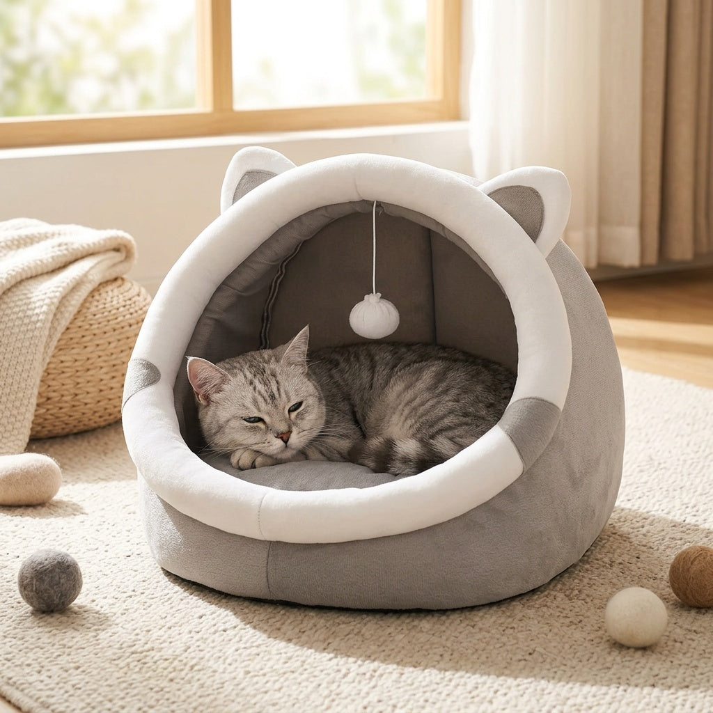 Cartoon Cat Cave Bed and Sleeping House, Cozy Indoor Kitty Hideaway for Curling Up and Resting, Large 16.34 x 16.34 x 13.78 Inches