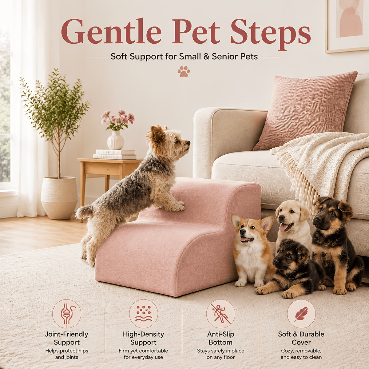 Dog Stairs for Bed with Dutch Velvet, Non-Slip Pet Steps for Small and Senior Dogs, 2/3/4-Step Options for Sofa and Couch, Gray or Pink