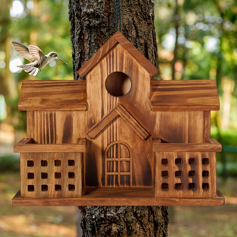 Compact Wooden Birdhouse with Feeding Spoon, Hanging Cottage-Style Bird House with Round Openings and Front Feeding Areas for Outdoor Garden Decor