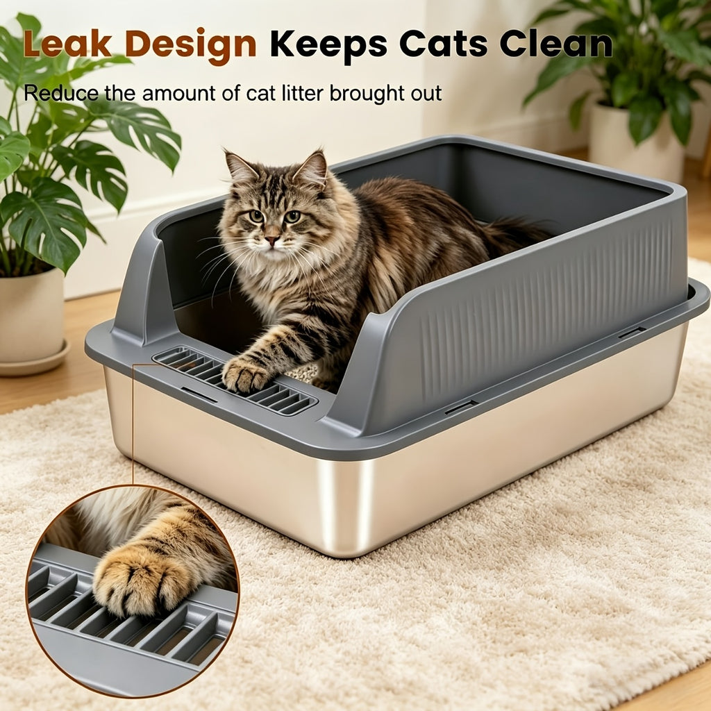 Stainless Steel Litter Box 2 Pack with High-Sided Open-Top Covers and Scoops, Easy-Clean Metal Cat Litter Pans in L or XL for Indoor Cat Care