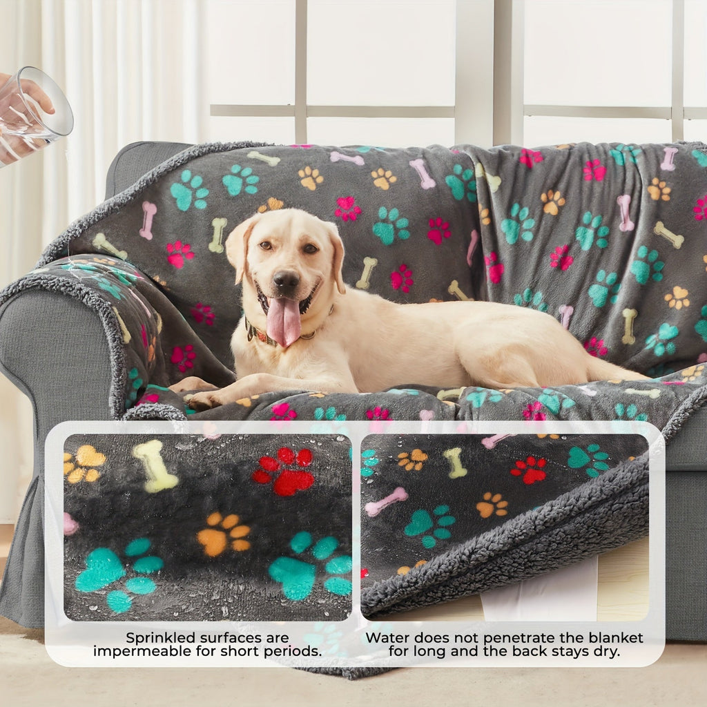 Gray Pattern Dog Blanket for Couch and Bed, Soft Fluffy Reversible Washable Pet Furniture Cover with Bone or Paw Designs and Multiple Size Options
