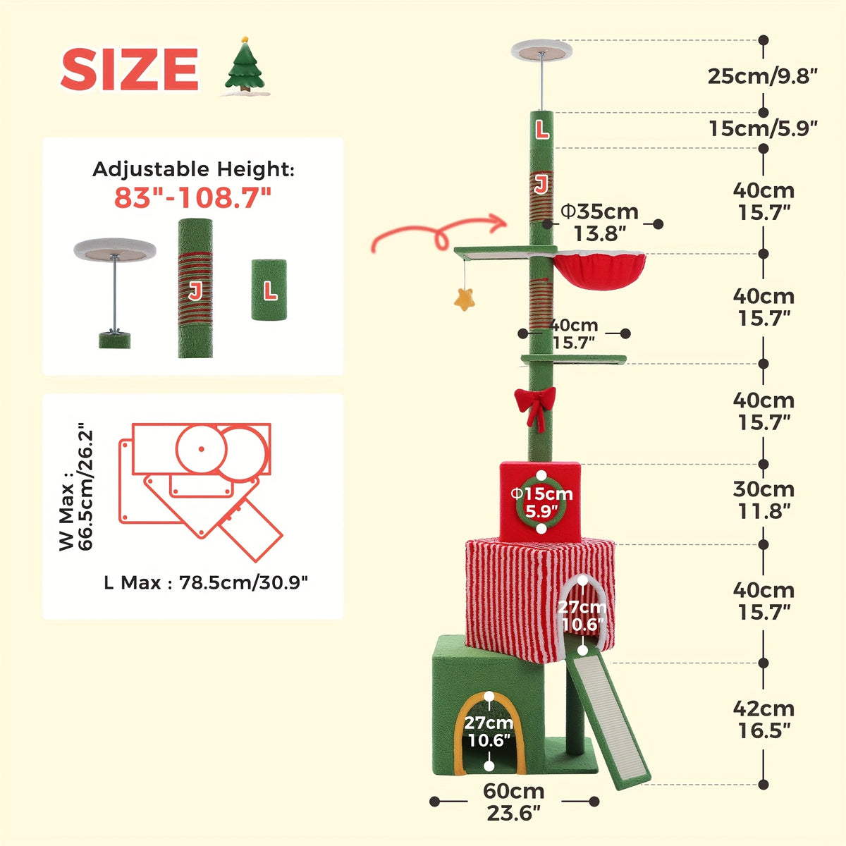 Floor to Ceiling Cat Tree, 90–107 Inch Adjustable 4-Tier Indoor Cat Tower with Tension Rod and Soft Carpet-Style Platforms for Climbing and Rest