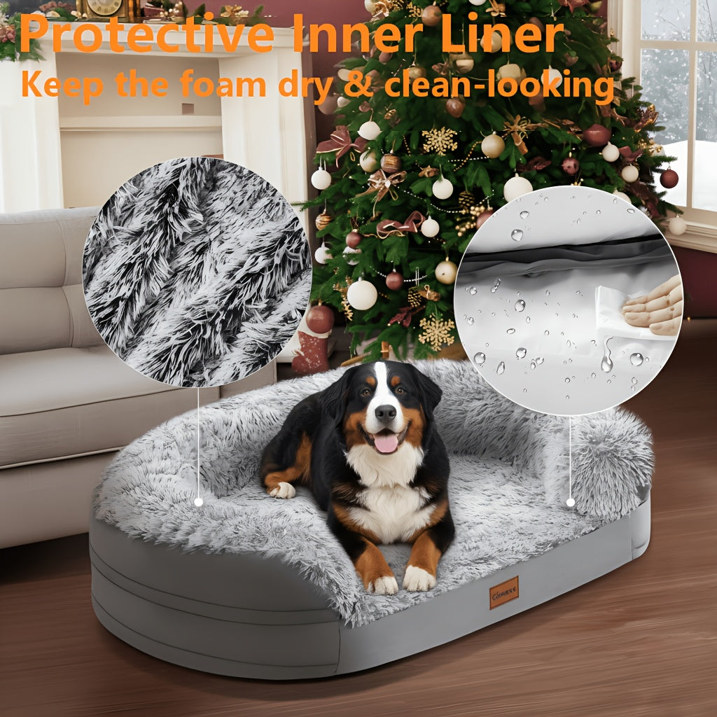 Plush Foam Dog Bed with Removable Washable Cover, Gray Egg Crate Pet Lounger with Raised Edges in Large Rectangle and Semicircle Options
