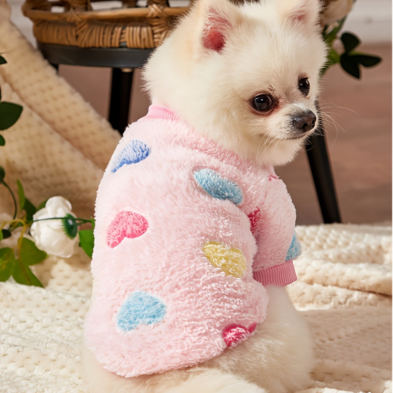 Dog Sweatshirt for Small Medium Dogs, Pink Heart Fleece Puppy Sweater Without Hood, Warm Soft Pet Clothes for Autumn Winter Cold Weather, Cute Valentine's Day Outfit for Chihuahua Poodle and Cats