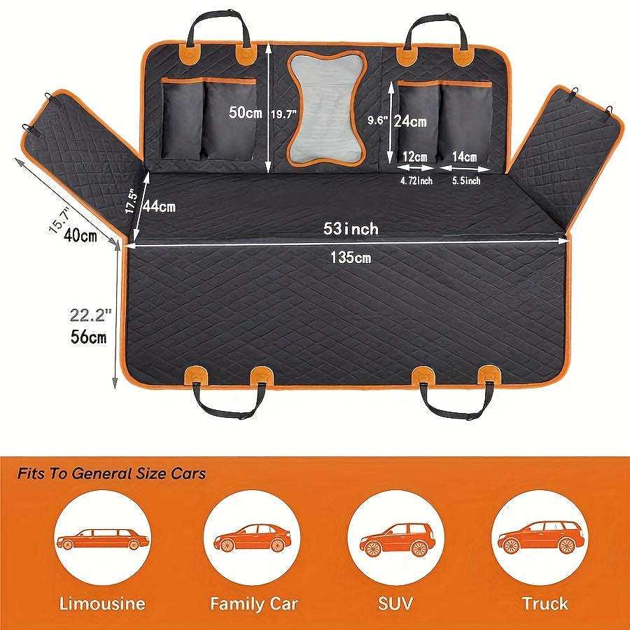Dog Back Seat Hammock with Side Flaps, Non-Slip Car Seat Cover in Black with Orange Trim for Pet Travel, Fur and Mud Protection