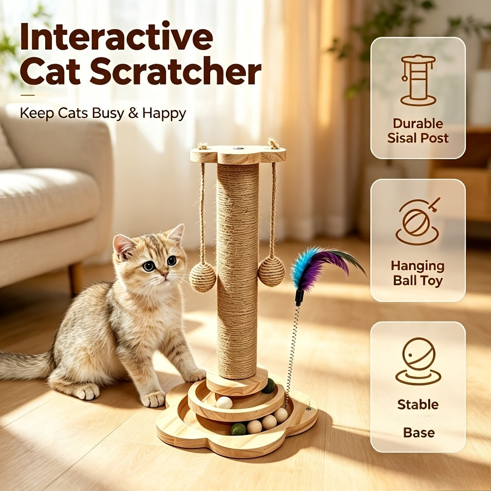 Cat Scratching Post with Six Wooden Balls, Brown Multi-Level Sisal Scratcher with Two Hanging Balls and Two Feather Toys for Indoor Play