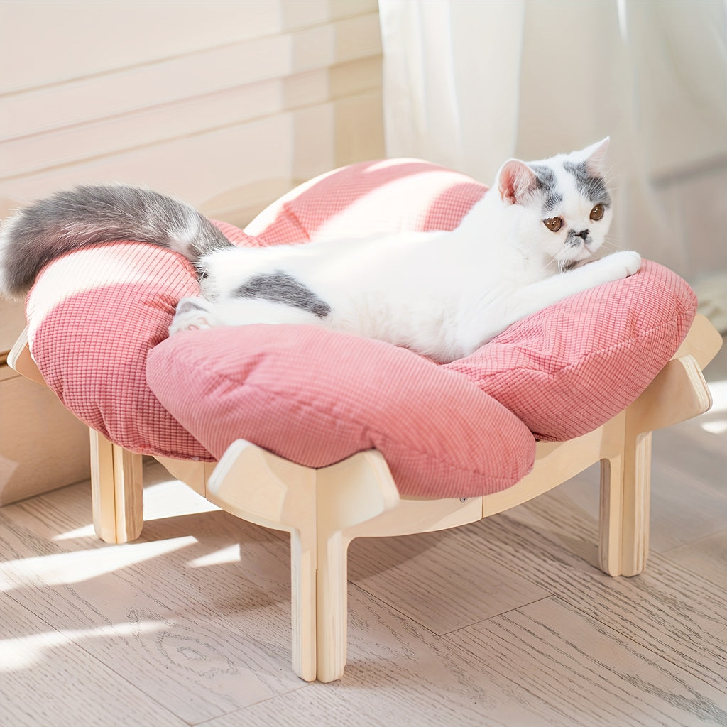 Elevated Cat Bed with Heart-Shaped Wooden Frame and Soft Cushion, Raised Indoor Pet Sofa for Cats and Small Dogs in Pink, Apricot or Light Blue