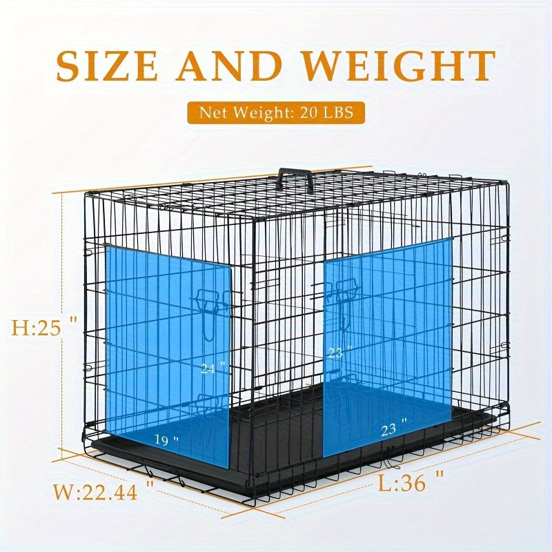 Foldable Dog Crate with Divider Panel, Metal Wire Pet Kennel with Plastic Pan in 18, 24, 30 or 36 Inch Length Options, Black, Blue and Pink Styles