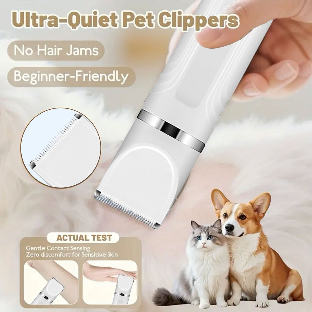Dog Grooming Kit with Interchangeable Heads, USB Rechargeable Cordless Pet Hair Clipper with 4 Guide Combs, Steel Scissors and Comb for Home Trimming