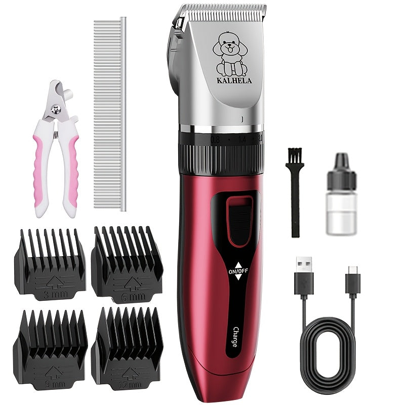 Dog Grooming Clippers with Display, Red Cordless Rechargeable Pet Hair Trimmer with Detachable Blades, Four Guide Combs and Kit Options