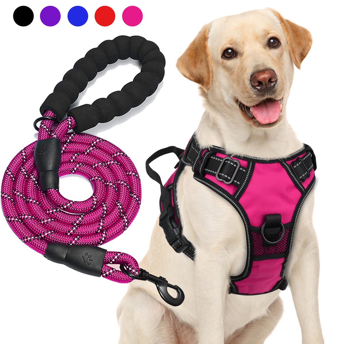 Oxford Dog Harness and Rope Leash Set, Adjustable Reflective Mesh-Padded Walking Vest with Four Fit Points and 5-Foot Padded-Handle Lead, S to XL