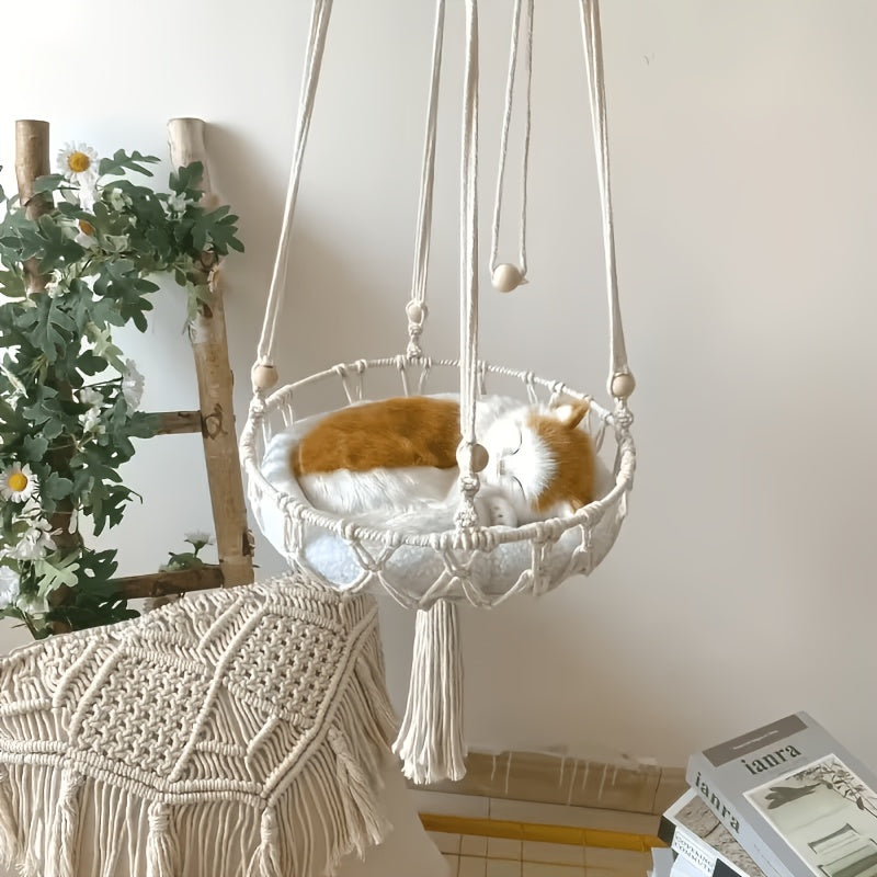 Rope Cat Hammock Hand-Woven Hanging Basket Bed for Indoor Resting, Round Pet Swing Nest in 15.75 or 11.81 Inch Diameter for Lounging