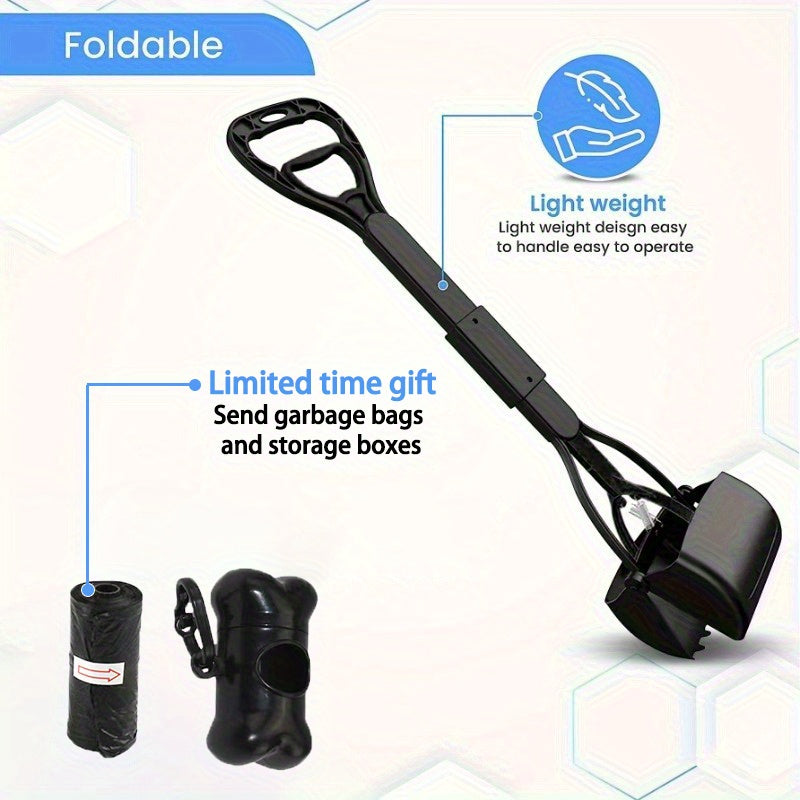 Dog Poop Scooper with Foldable Long Handle, Three-Piece Black Pet Waste Shovel with Ergonomic Grip and Straight Edge for Indoor and Outdoor Cleanup