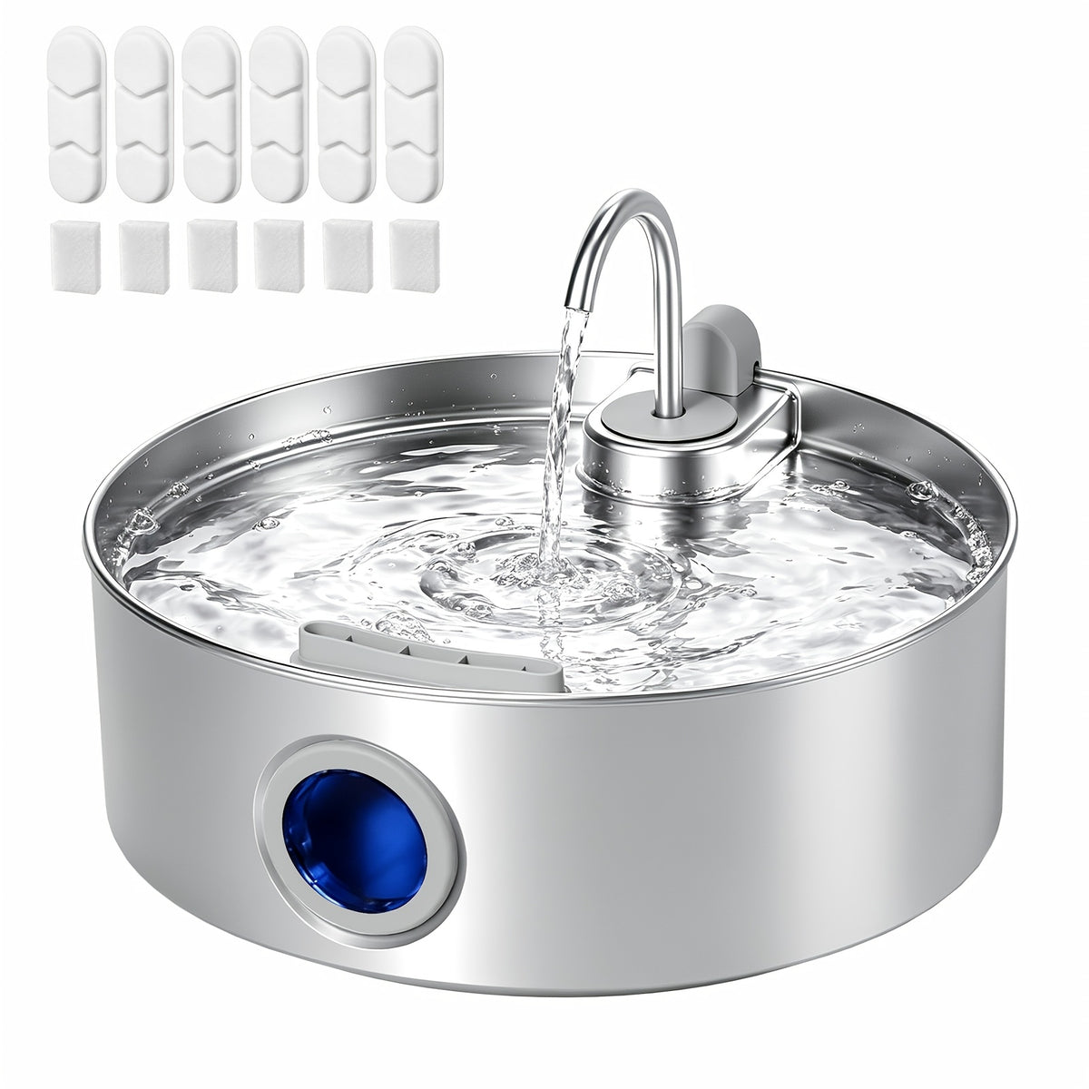 Dog Water Fountain 7L with Flower Head, 304 Stainless Steel Pet Drinking Dispenser with Water Level Window and Filter Bundle Options for Multi-Pet Homes