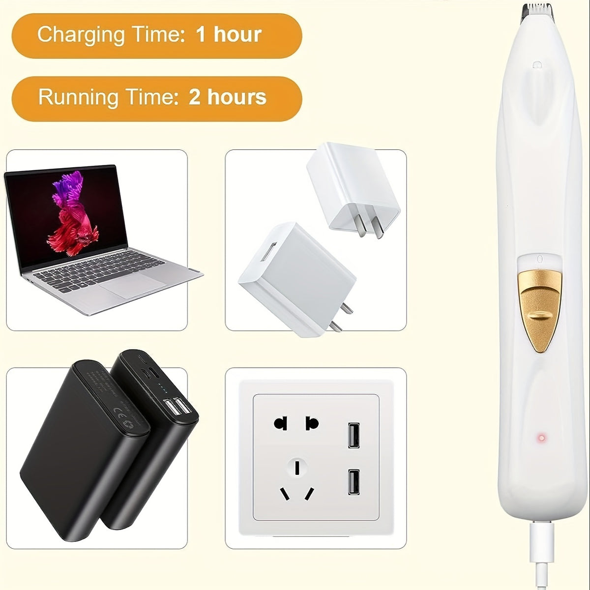 Dog Paw Hair Trimmer with LED Light, White USB Rechargeable Low-Noise Mini Pet Clippers with Narrow Head for Dog and Cat Grooming Touch-Ups