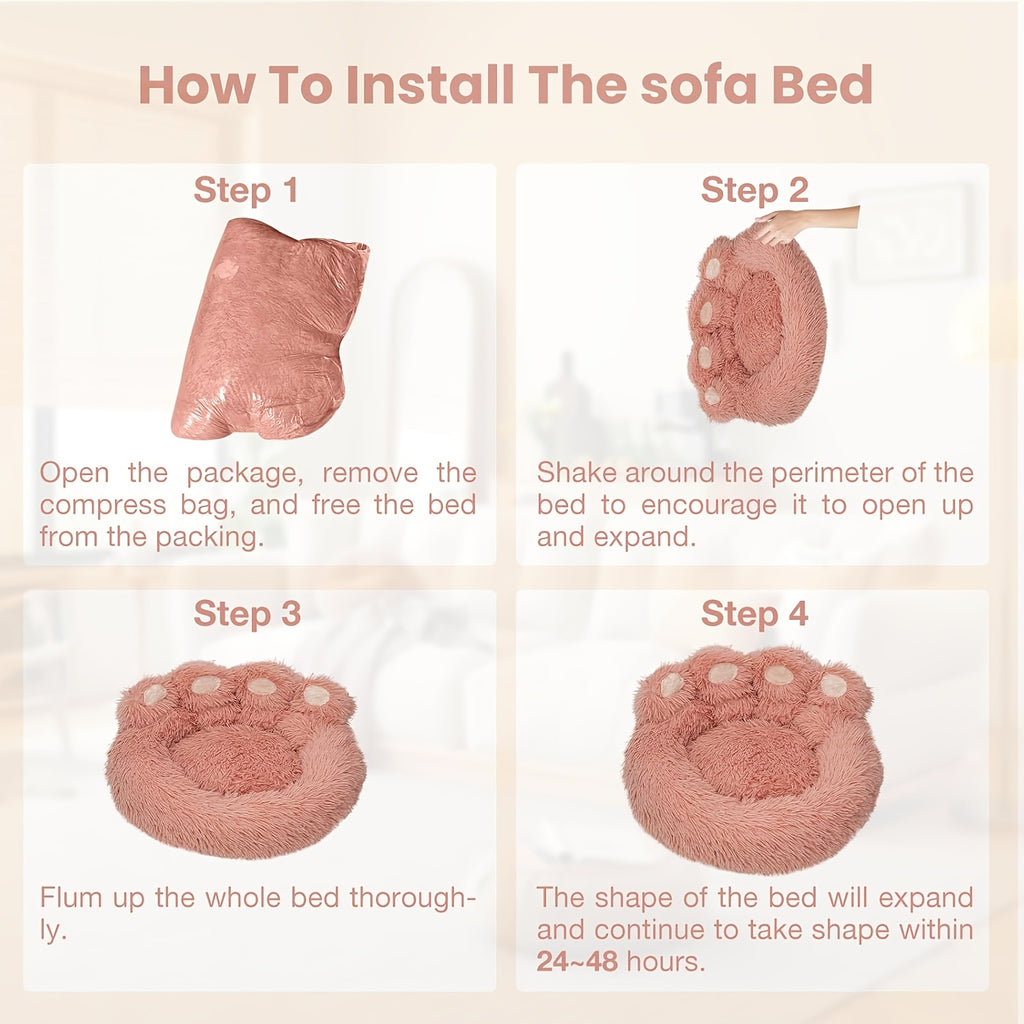 Bear Paw Pet Sofa Bed for Dogs and Cats, Soft Faux Plush Sleeping Nest with Raised Edges in Pink, Grey or Hazelnut, Four Sizes from 55 to 85 cm