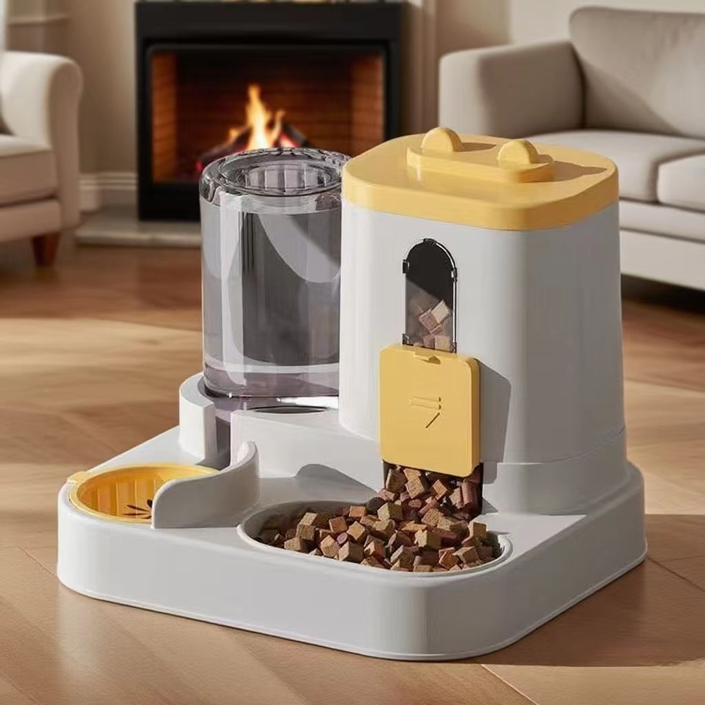 Pet Feeder and Water Dispenser Combo with Cat-Ear Lid, Visible Dry Food Window and Siphon Water Bottle for Cats and Small Dogs, Three Color Options