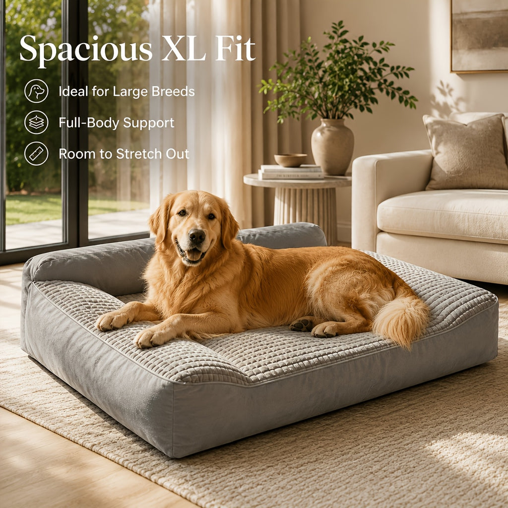 High Back Dog Sofa Bed with Plush Textured Cushion, Blue and Gray Bolster Pet Couch in Four Sizes for Small to Large Dogs and Cozy Indoor Rest